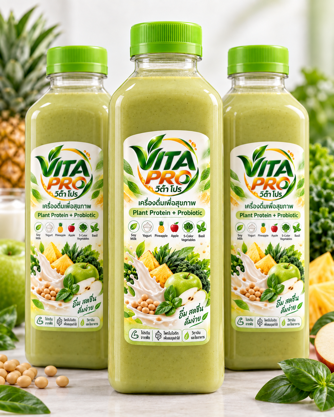 ขวดเครื่องดื่ม VITA PRO วีต้า โปร สามขวด สีเขียวอมเหลือง พร้อมฉลากวัตถุดิบ ถั่วเหลือง โยเกิร์ต สับปะรด แอปเปิ้ล ผัก 5 สี และใบโหระพา